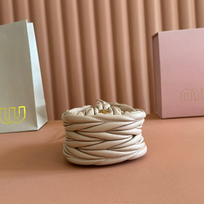 MIU MIU MIUMIU 26S MATELASSE POUCH BAG 16 IN LIGHT BEIGE CALFSKIN GOLD HARDWARE