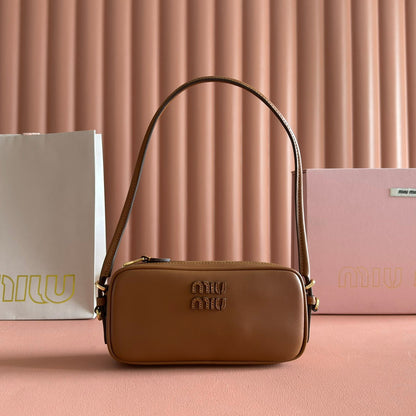 MIU MIU MIUMIU 26S POUCH BAG 20 IN TAN BROWN CALFSKIN GOLD HARDWARE