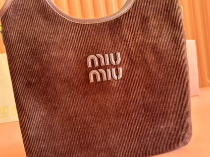 MIU MIU MIUMIU 26S IVY 40 TOTE IN CHOCOLATE BROWN CANVAS AND DARK BROWN CALFSKIN