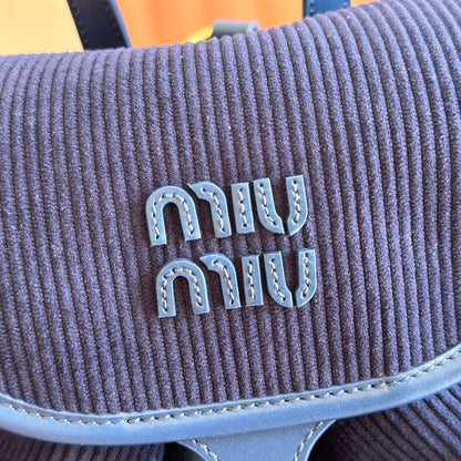 MIU MIU MIUMIU 26S MEDIUM BACKPACK 29 IN DARK BLUE CANVAS BLUE CALFSKIN