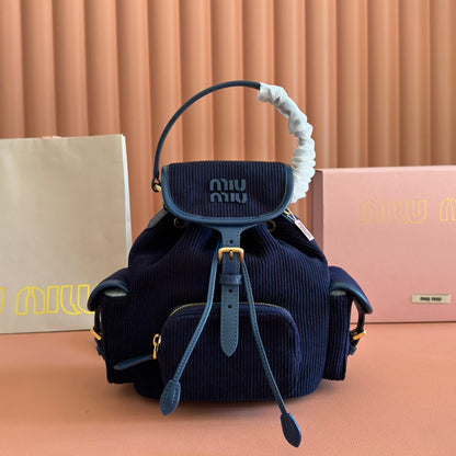 MIU MIU MIUMIU 26S BACKPACK 22 IN DARK BLUE CANVAS BLUE CALFSKIN