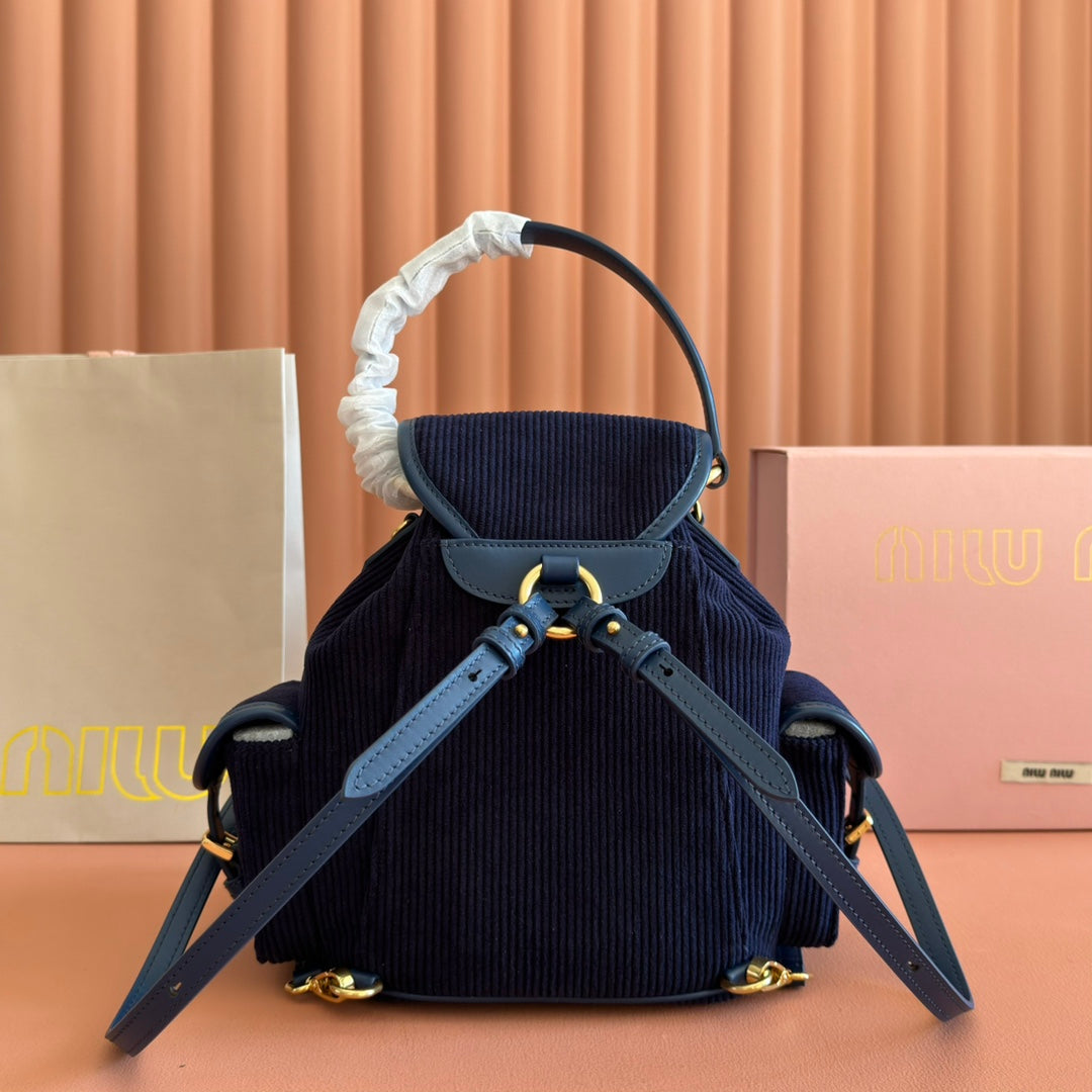MIU MIU MIUMIU 26S BACKPACK 22 IN DARK BLUE CANVAS BLUE CALFSKIN