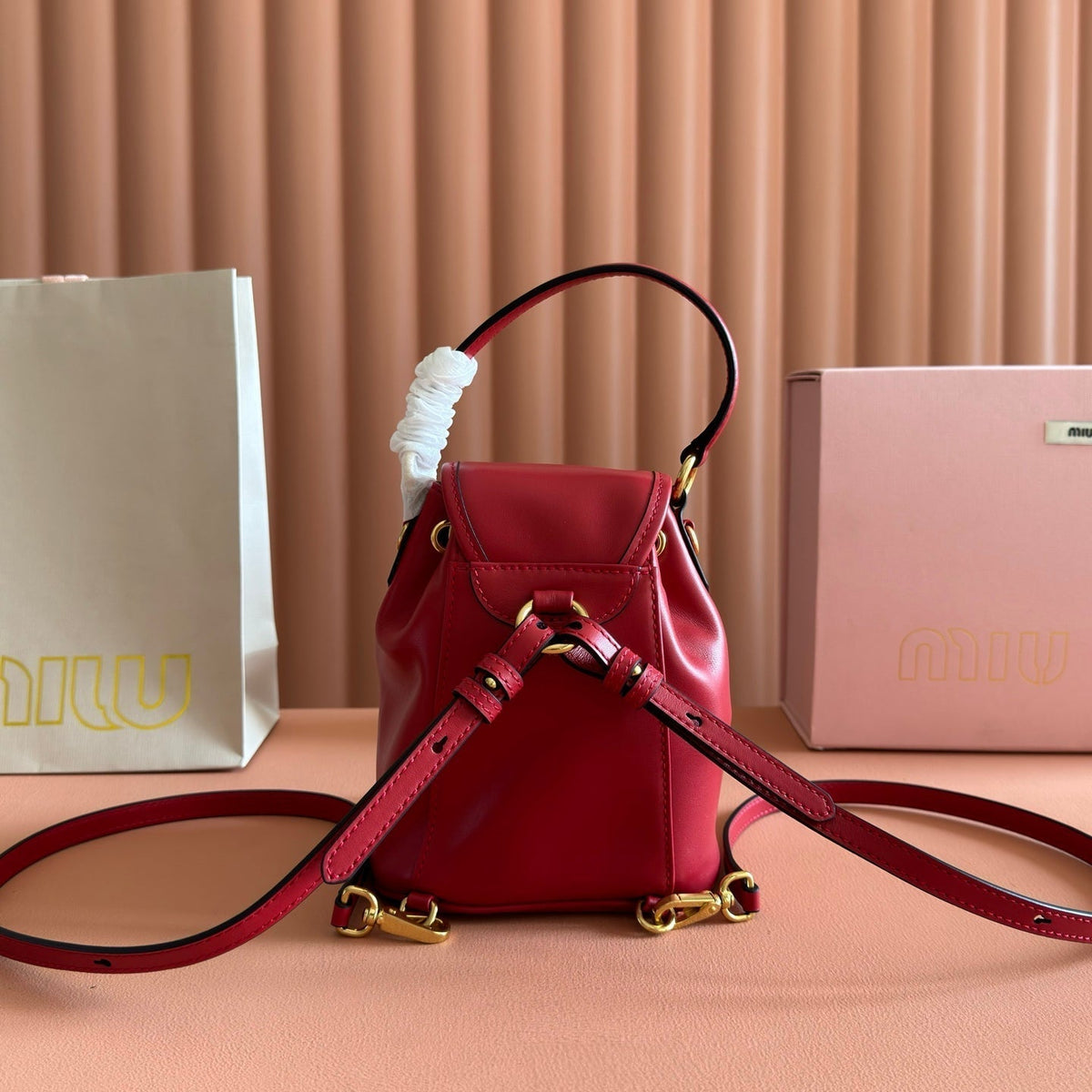 MIU MIU MIUMIU 26S MINI-BACKPACK 17 IN DARK RED CALFSKIN GOLD HARDWARE