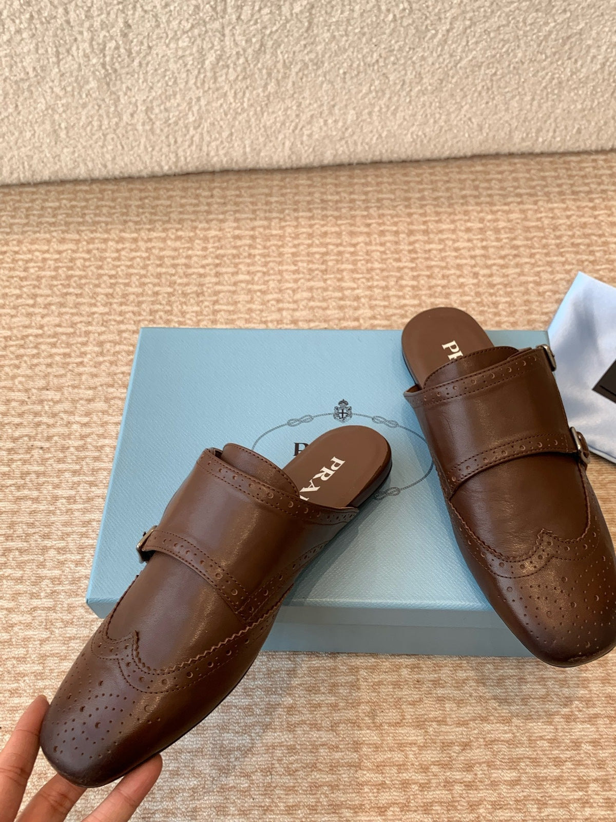 PRADA DOUBLE MONK MULES IN RK BROWN CALFSKIN