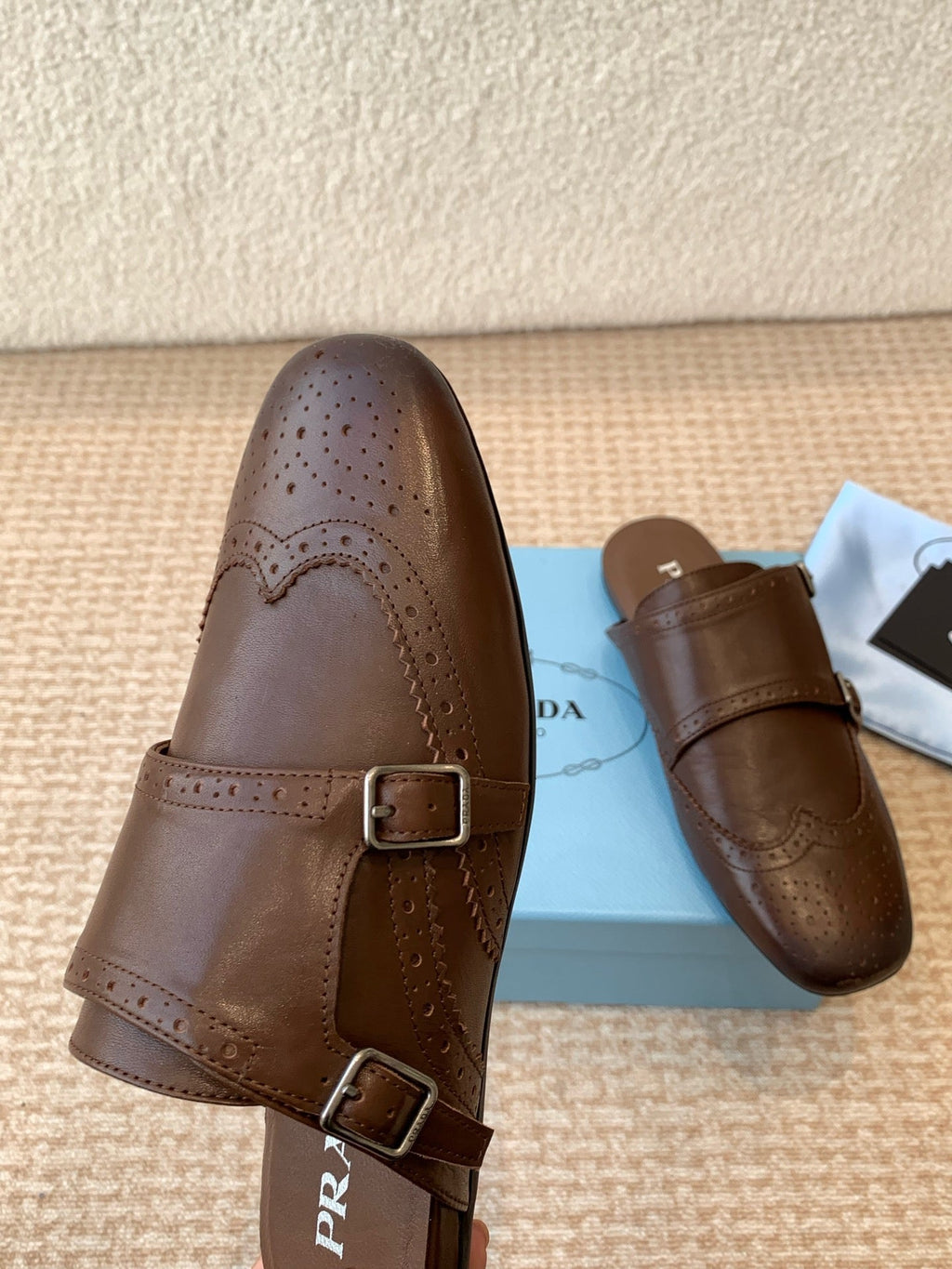 PRADA DOUBLE MONK MULES IN RK BROWN CALFSKIN