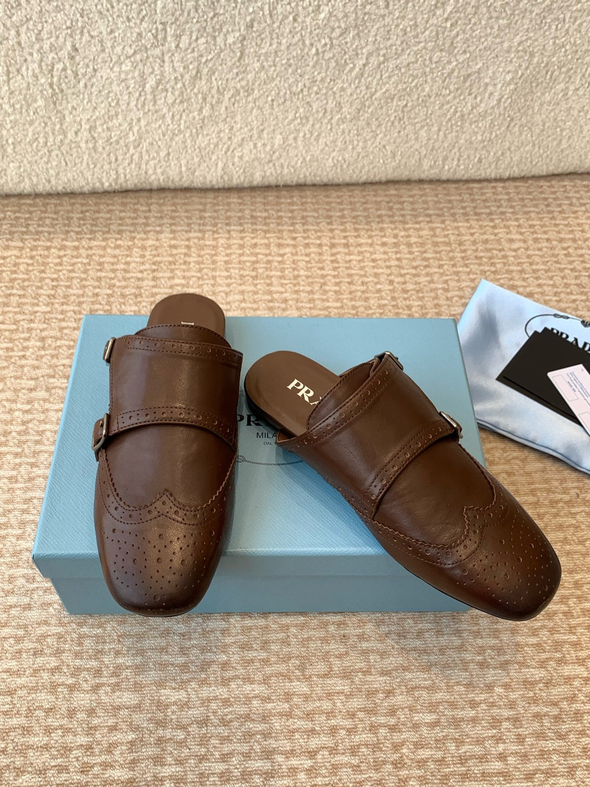 PRADA DOUBLE MONK MULES IN RK BROWN CALFSKIN