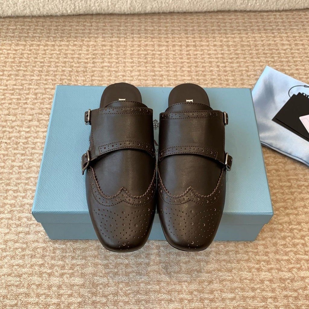 PRADA DOUBLE MONK MULES IN WALNUT BROWN CALFSKIN
