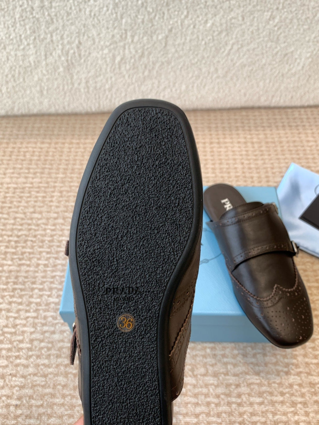 PRADA DOUBLE MONK MULES IN WALNUT BROWN CALFSKIN