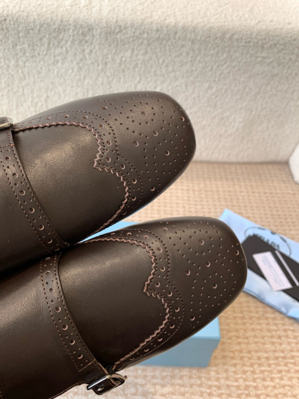 PRADA DOUBLE MONK MULES IN WALNUT BROWN CALFSKIN