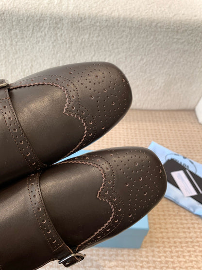 PRADA DOUBLE MONK MULES IN WALNUT BROWN CALFSKIN