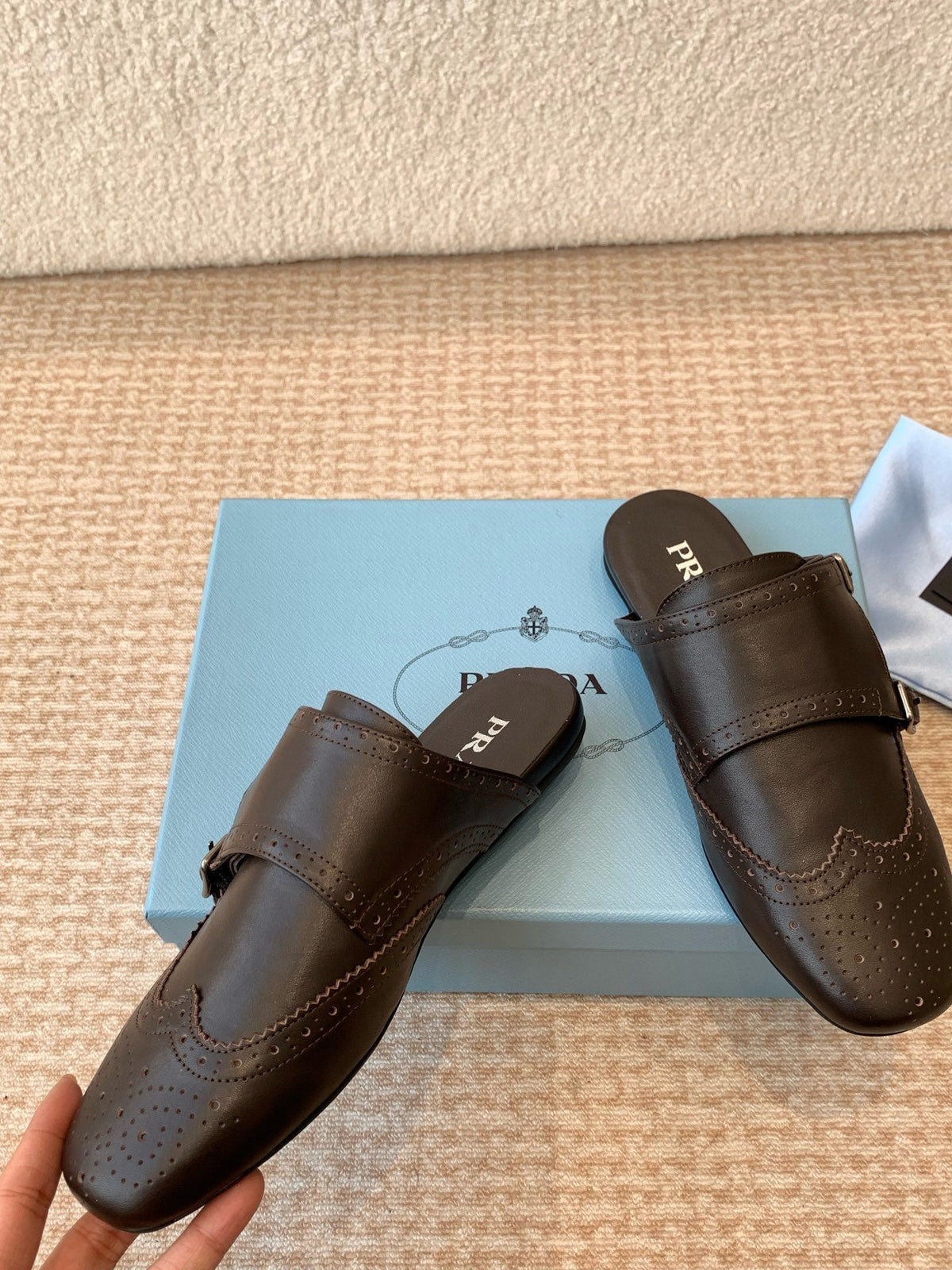 PRADA DOUBLE MONK MULES IN WALNUT BROWN CALFSKIN