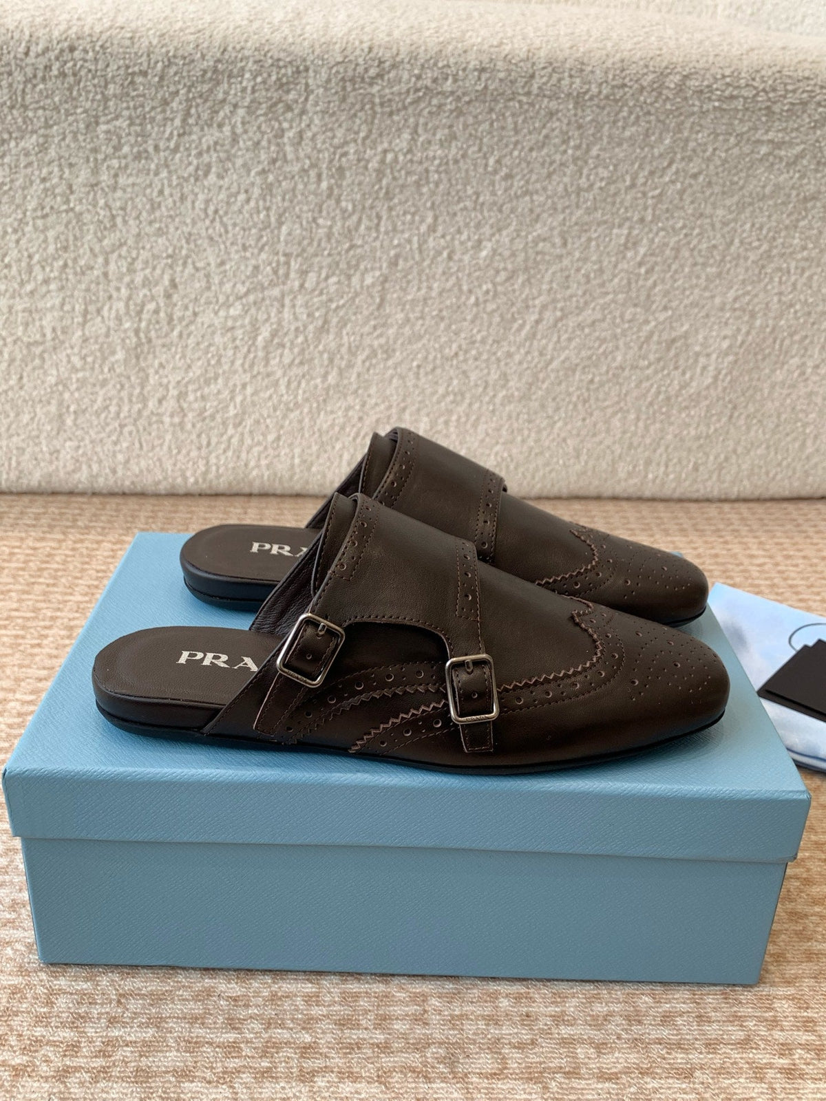 PRADA DOUBLE MONK MULES IN WALNUT BROWN CALFSKIN