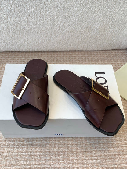 PETAL BELT FLAT SANDAL IN RUSSET BROWN CALFSKIN
