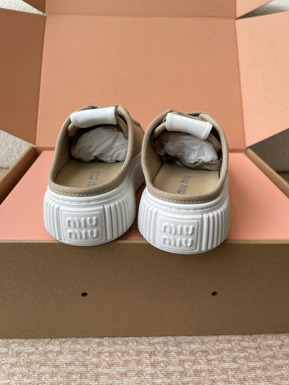 WASH SNEAKER MULES IN DARK BEIGE DENIM STRIPED LACES