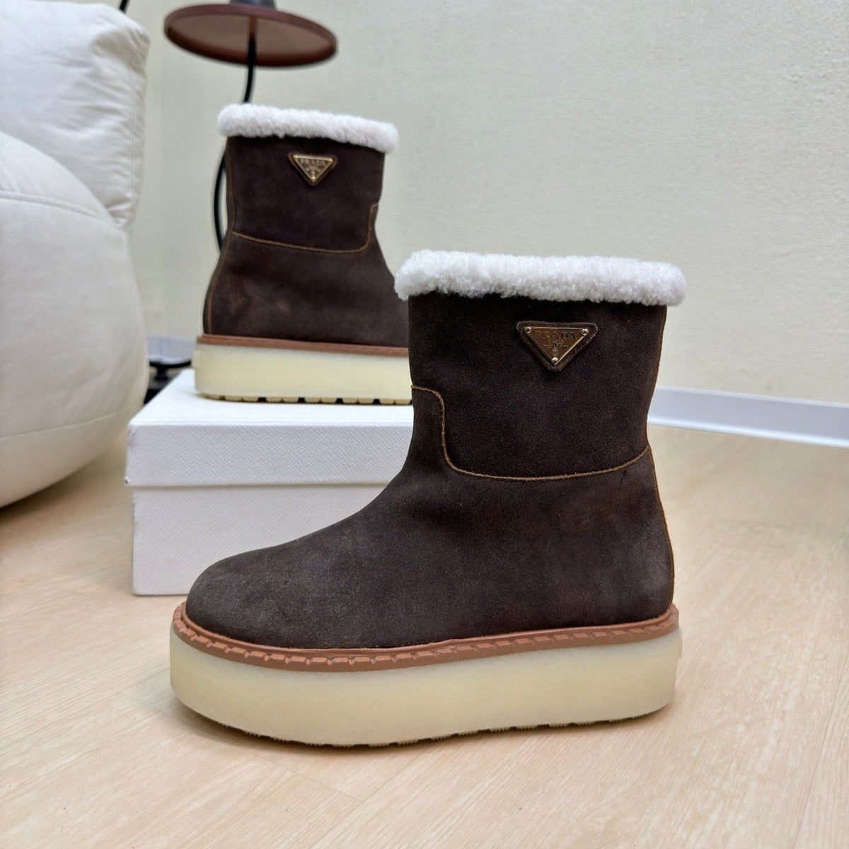 PRADA SUEDE BOOTS RK BROWN WITH SHEARLING LINING AND RUBBER FLATFORM SOLE