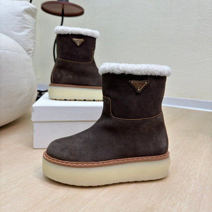 PRADA SUEDE BOOTS RK BROWN WITH SHEARLING LINING AND RUBBER FLATFORM SOLE