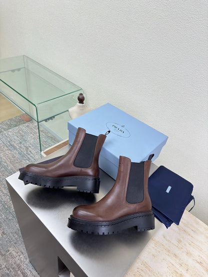 PRADA 25S PLATFORM CHELSEA BOOTS IN RK BROWN CALFSKIN