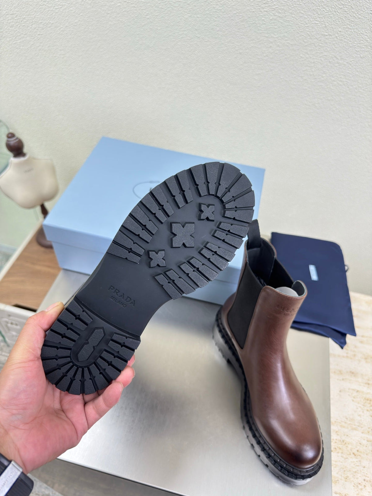 PRADA 25S PLATFORM CHELSEA BOOTS IN RK BROWN CALFSKIN
