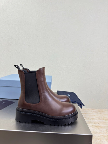PRADA 25S PLATFORM CHELSEA BOOTS IN RK BROWN CALFSKIN
