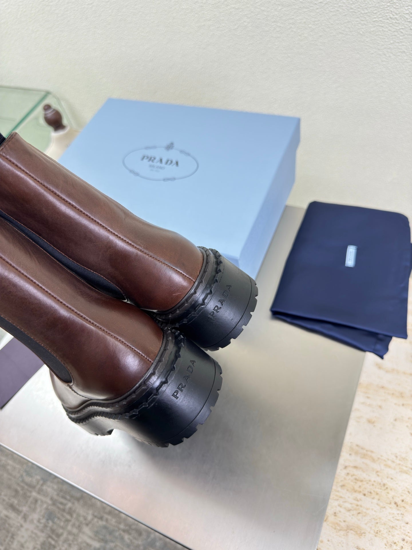 PRADA 25S PLATFORM CHELSEA BOOTS IN RK BROWN CALFSKIN