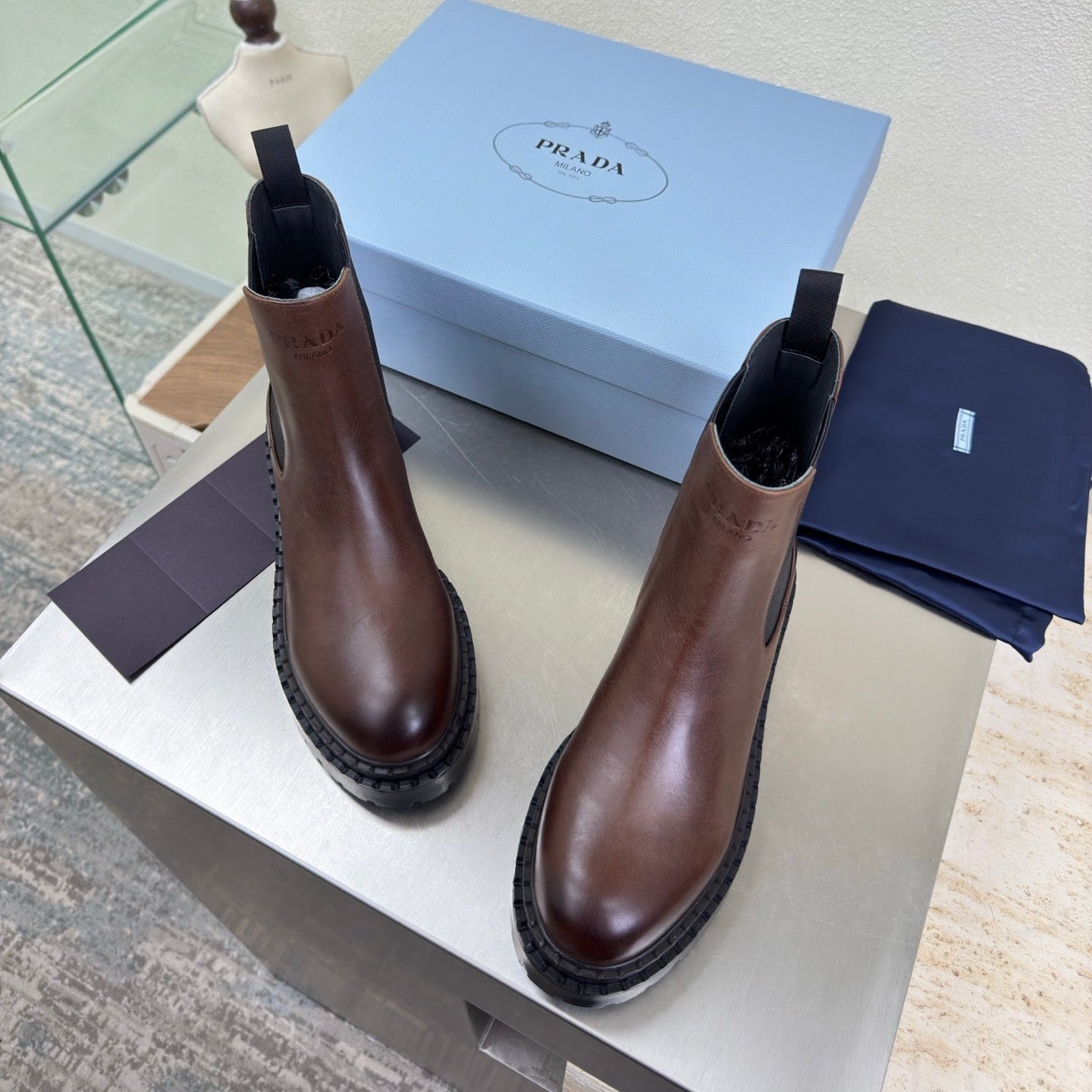 PRADA 25S PLATFORM CHELSEA BOOTS IN RK BROWN CALFSKIN