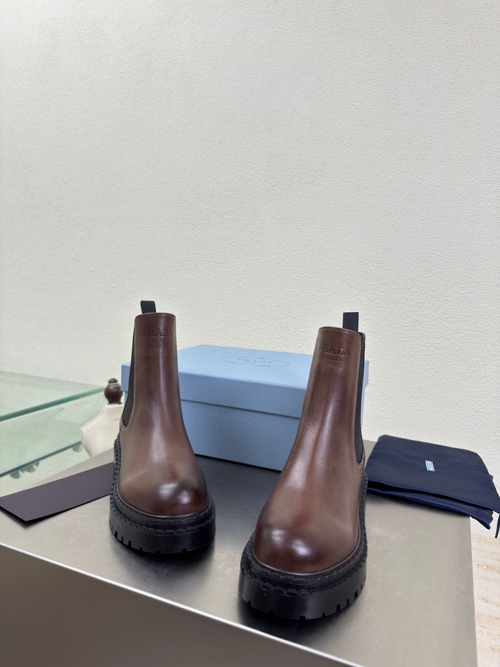 PRADA 25S PLATFORM CHELSEA BOOTS IN RK BROWN CALFSKIN