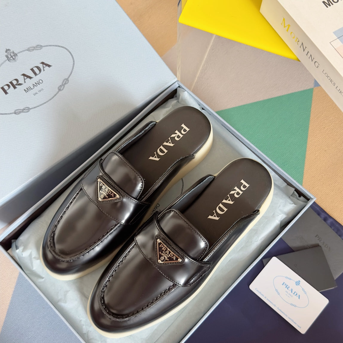 PRADA Pra Black Leather Mule 25mm Rubber Sole