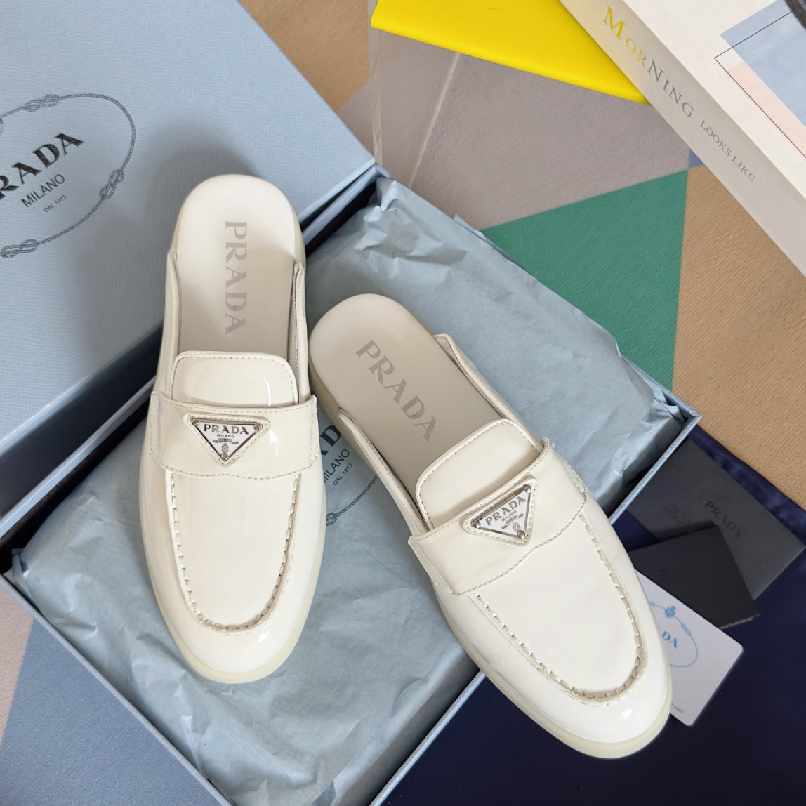 PRADA Pra White Patent Leather Mule 25mm Rubber Sole