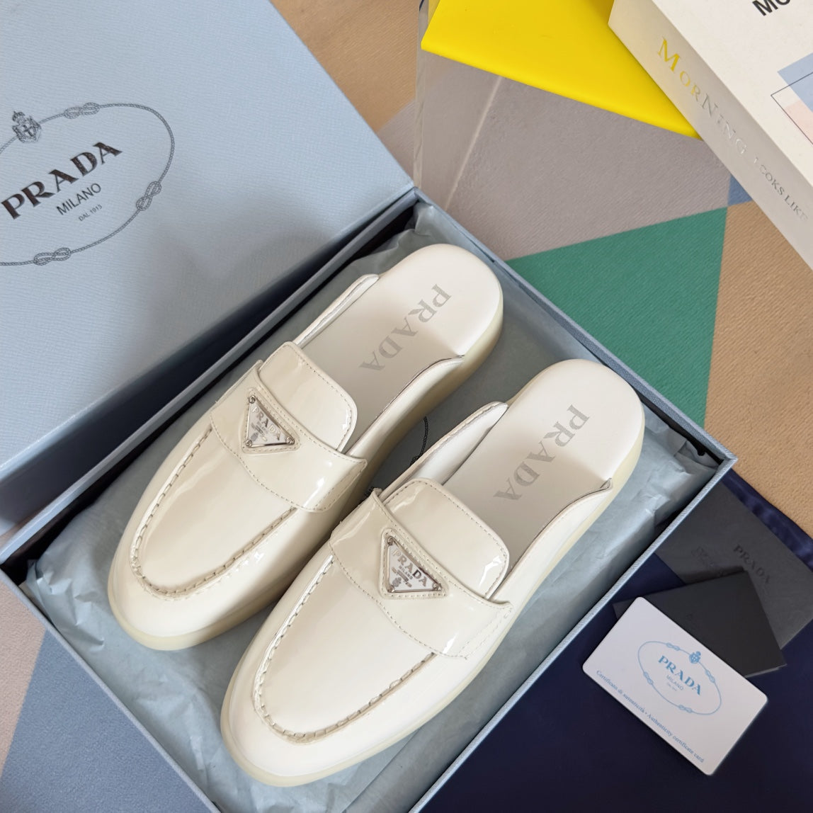 PRADA Pra White Patent Leather Mule 25mm Rubber Sole