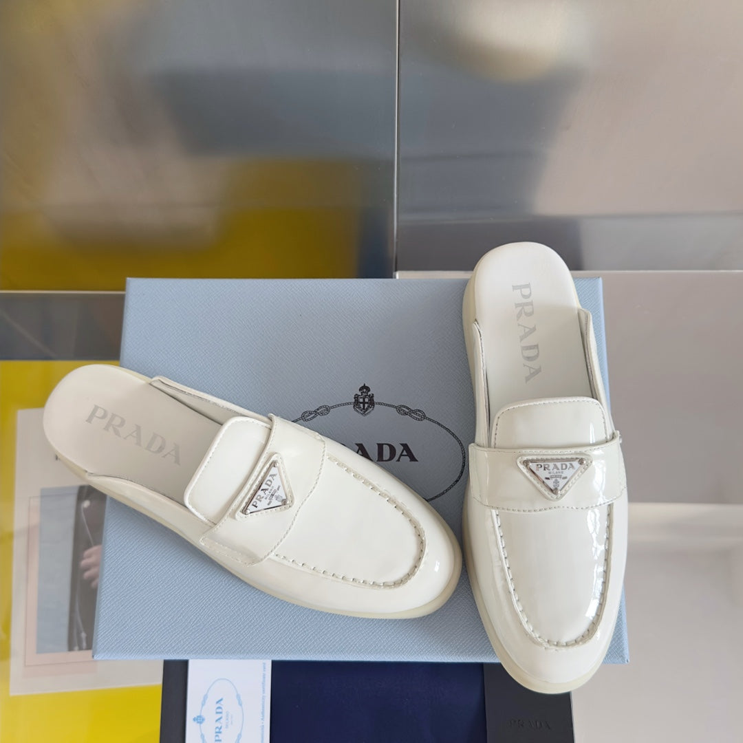 PRADA Pra White Patent Leather Mule 25mm Rubber Sole