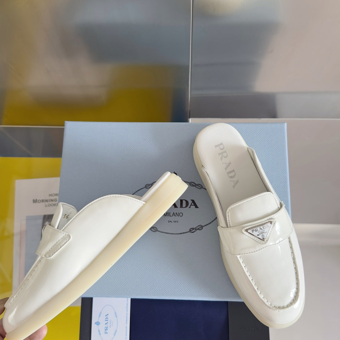 PRADA Pra White Patent Leather Mule 25mm Rubber Sole