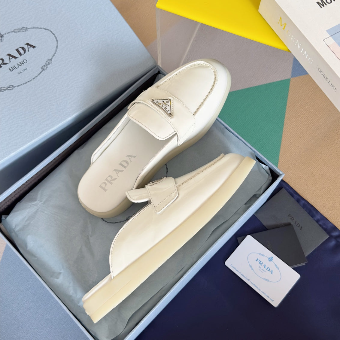 PRADA Pra White Patent Leather Mule 25mm Rubber Sole