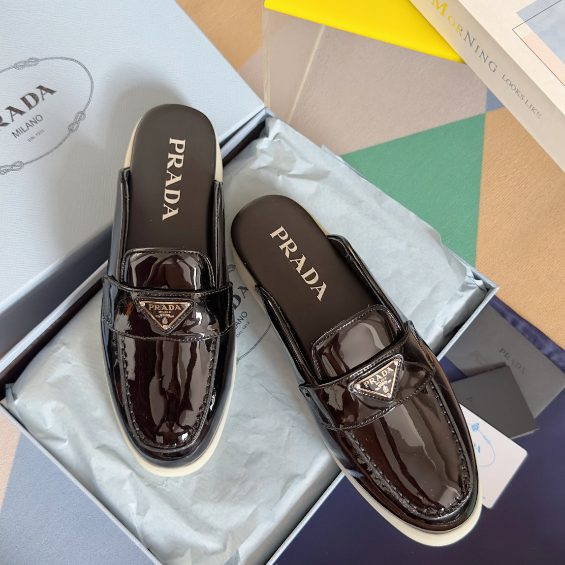 PRADA Pra Black Patent Leather Mule 25mm Rubber Sole