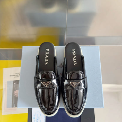 PRADA Pra Black Patent Leather Mule 25mm Rubber Sole