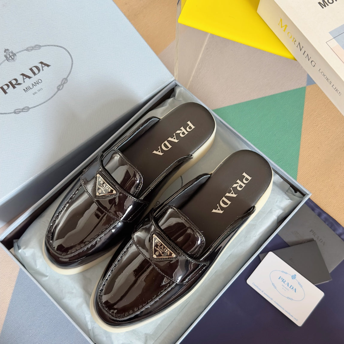 PRADA Pra Black Patent Leather Mule 25mm Rubber Sole