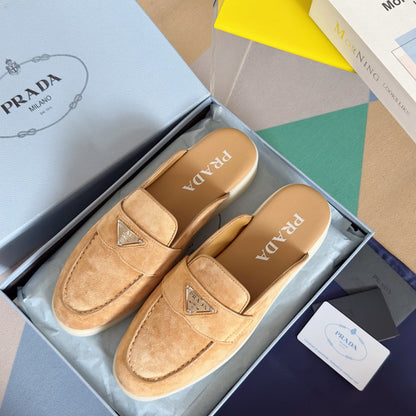 PRADA Pra Light Brown Suede Leather Mule 25mm Rubber Sole