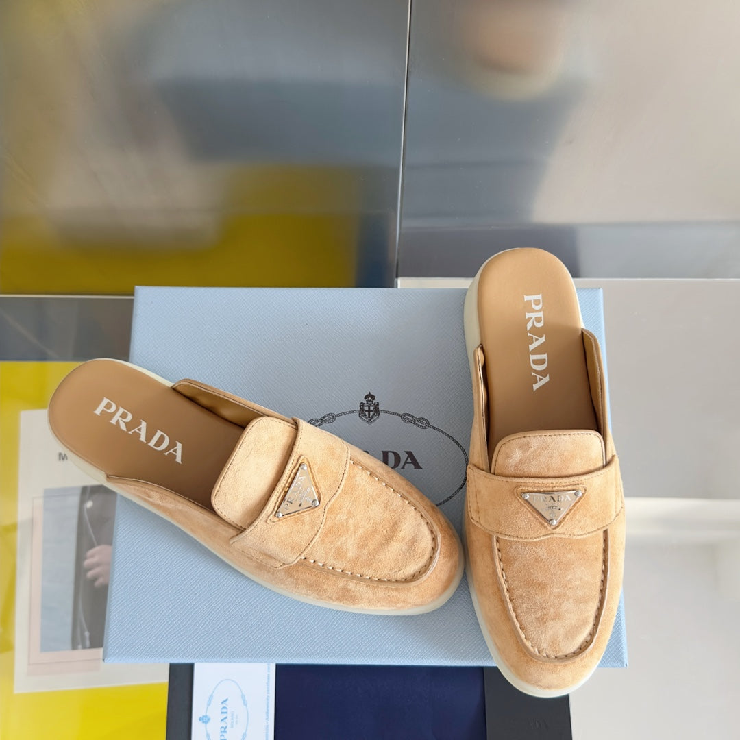 PRADA Pra Light Brown Suede Leather Mule 25mm Rubber Sole