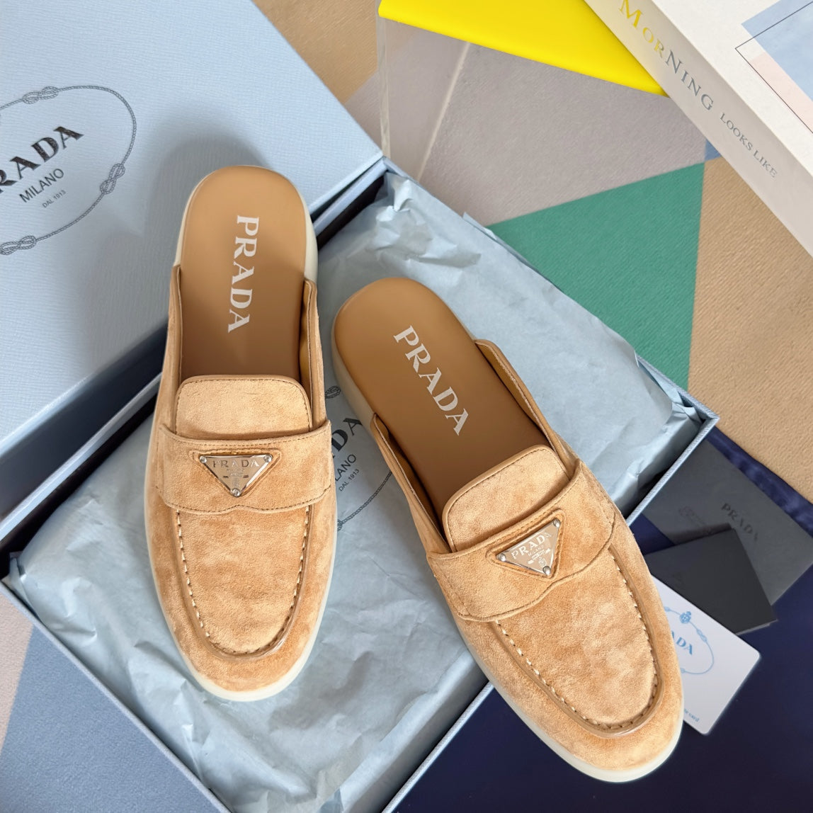 PRADA Pra Light Brown Suede Leather Mule 25mm Rubber Sole