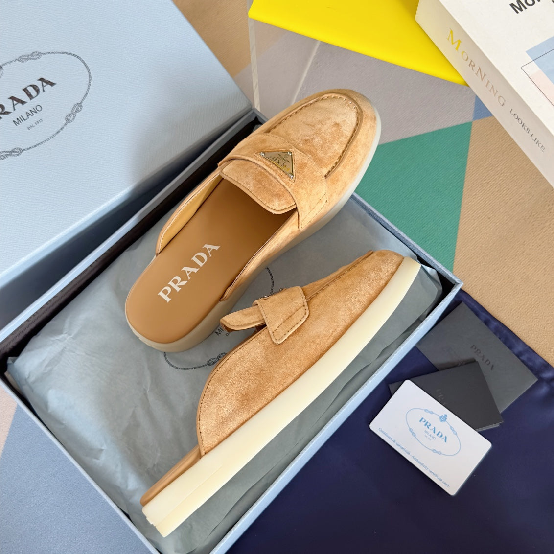 PRADA Pra Light Brown Suede Leather Mule 25mm Rubber Sole