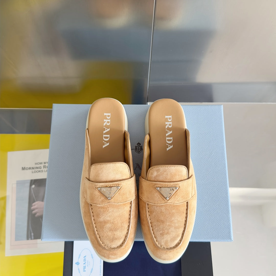 PRADA Pra Light Brown Suede Leather Mule 25mm Rubber Sole