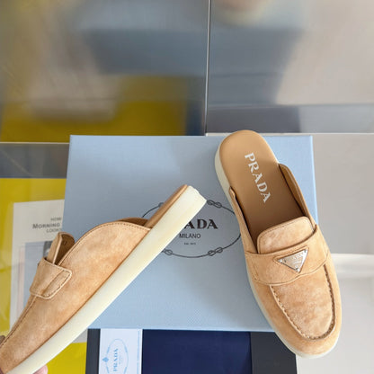 PRADA Pra Light Brown Suede Leather Mule 25mm Rubber Sole