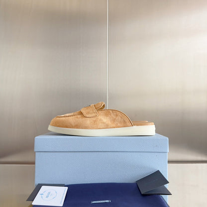 PRADA Pra Light Brown Suede Leather Mule 25mm Rubber Sole