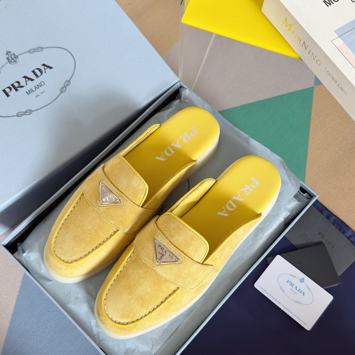 PRADA Pra Yellow Suede Leather Mule 25mm Rubber Sole