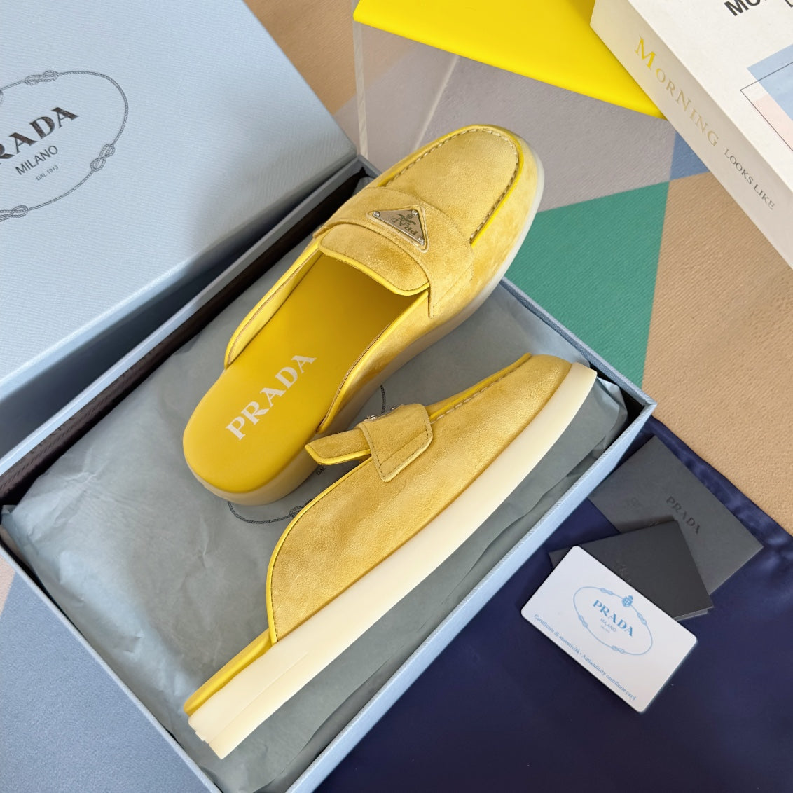 PRADA Pra Yellow Suede Leather Mule 25mm Rubber Sole