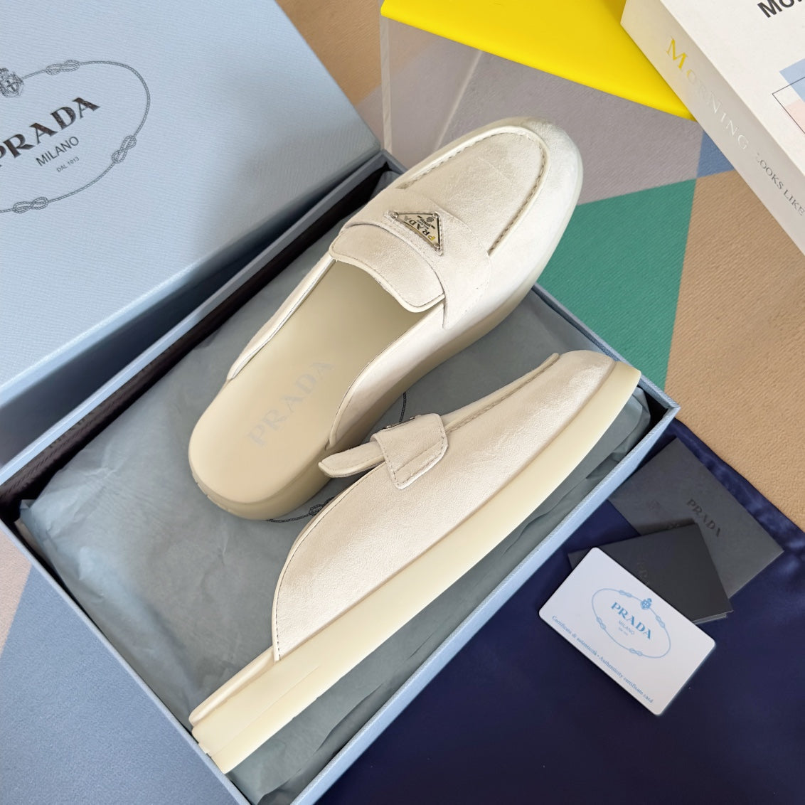 PRADA Pra White Suede Leather Mule 25mm Rubber Sole