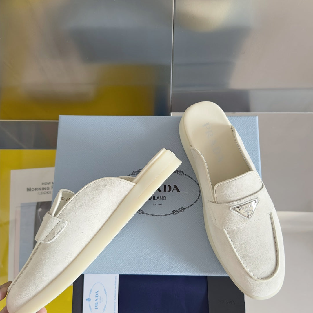 PRADA Pra White Suede Leather Mule 25mm Rubber Sole