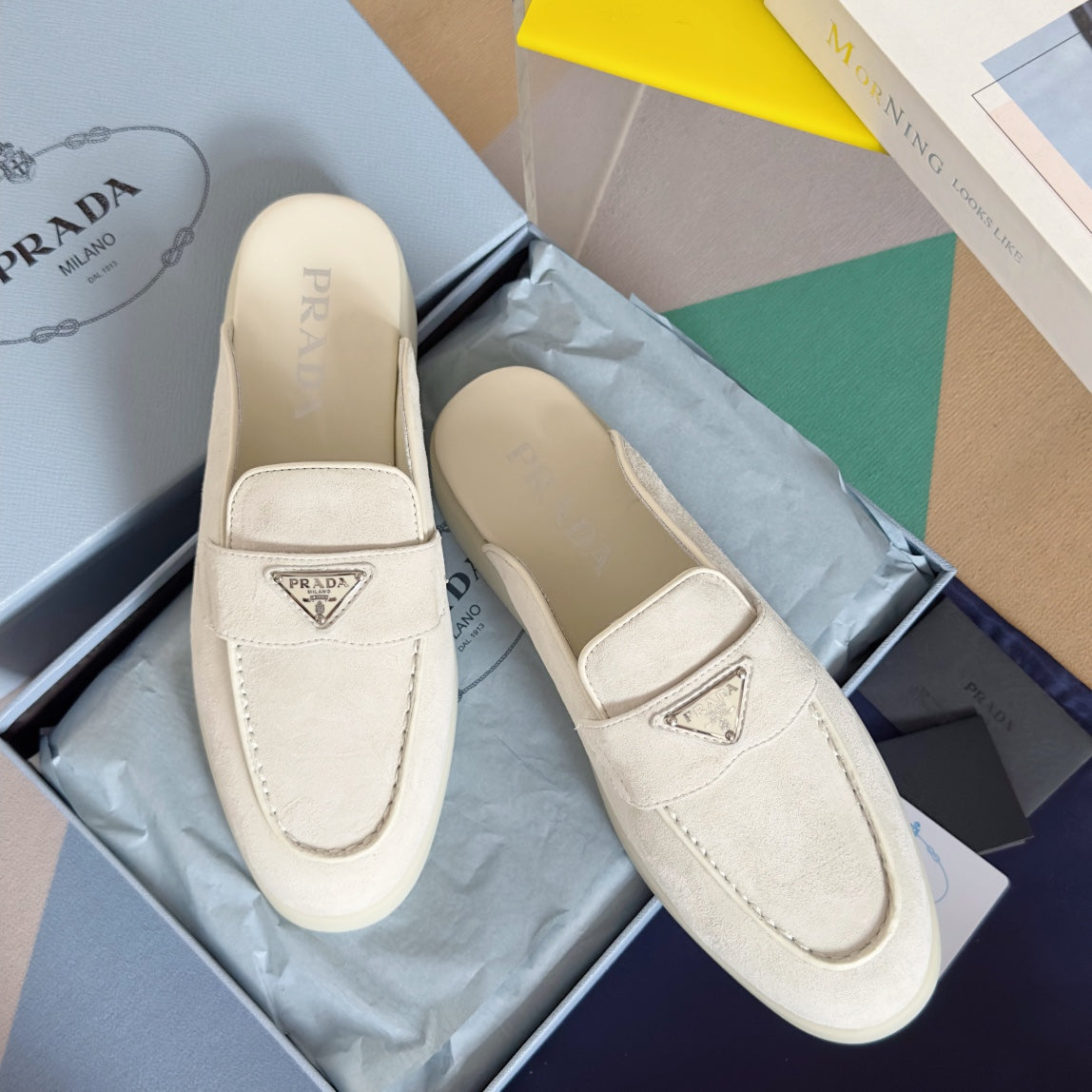 PRADA Pra White Suede Leather Mule 25mm Rubber Sole