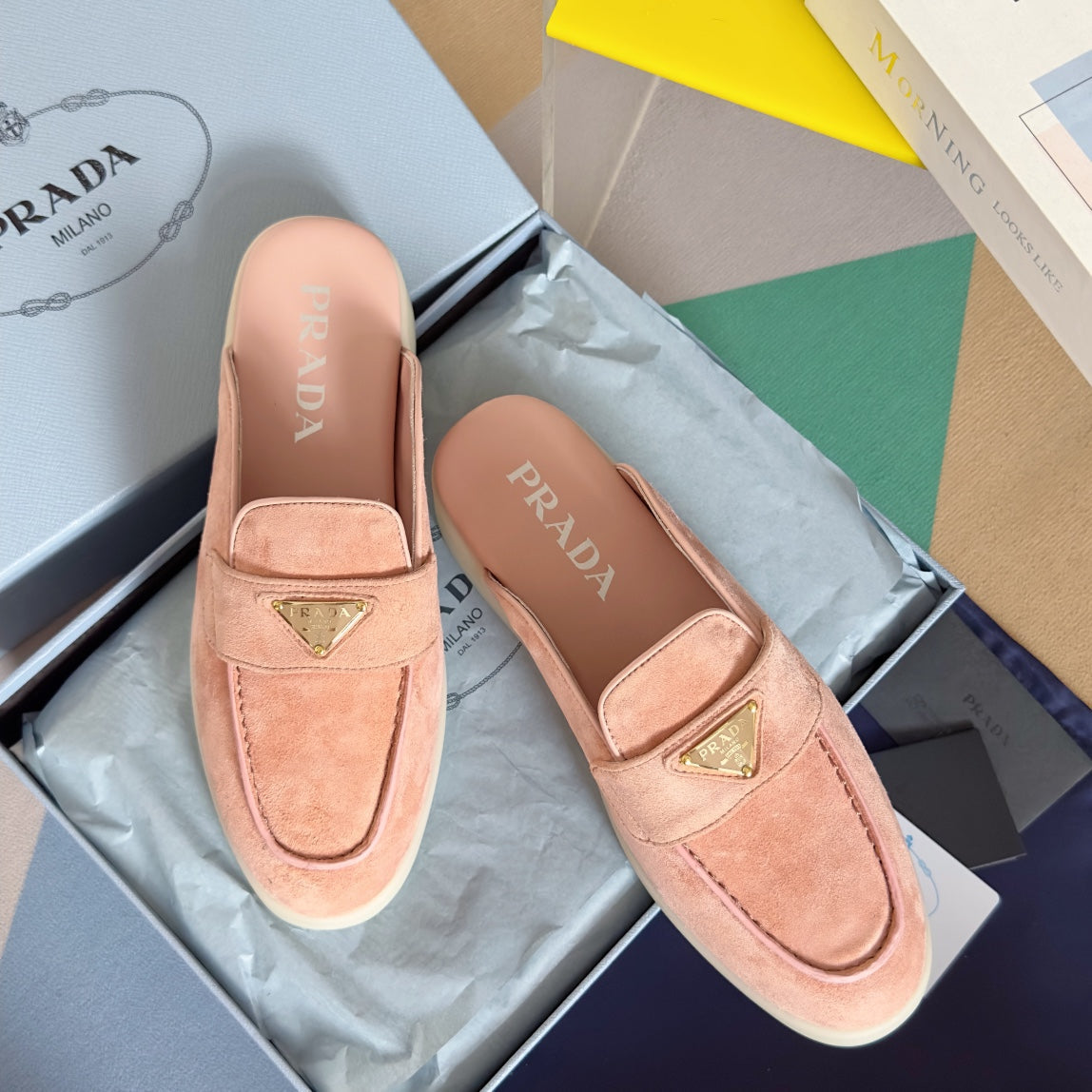 PRADA Pra Pink Suede Leather Mule 25mm Rubber Sole