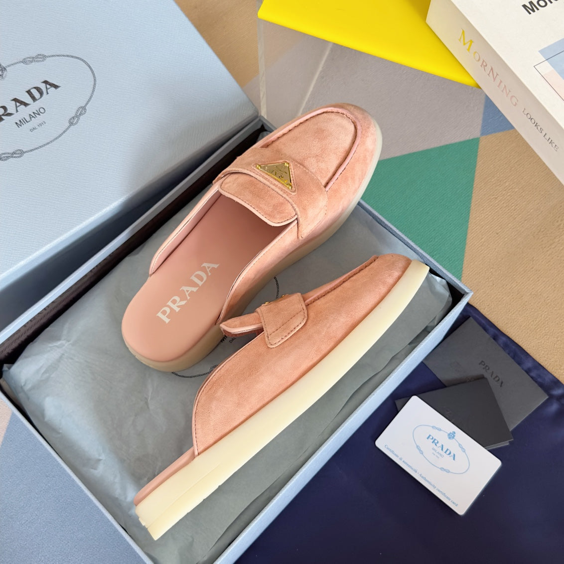 PRADA Pra Pink Suede Leather Mule 25mm Rubber Sole