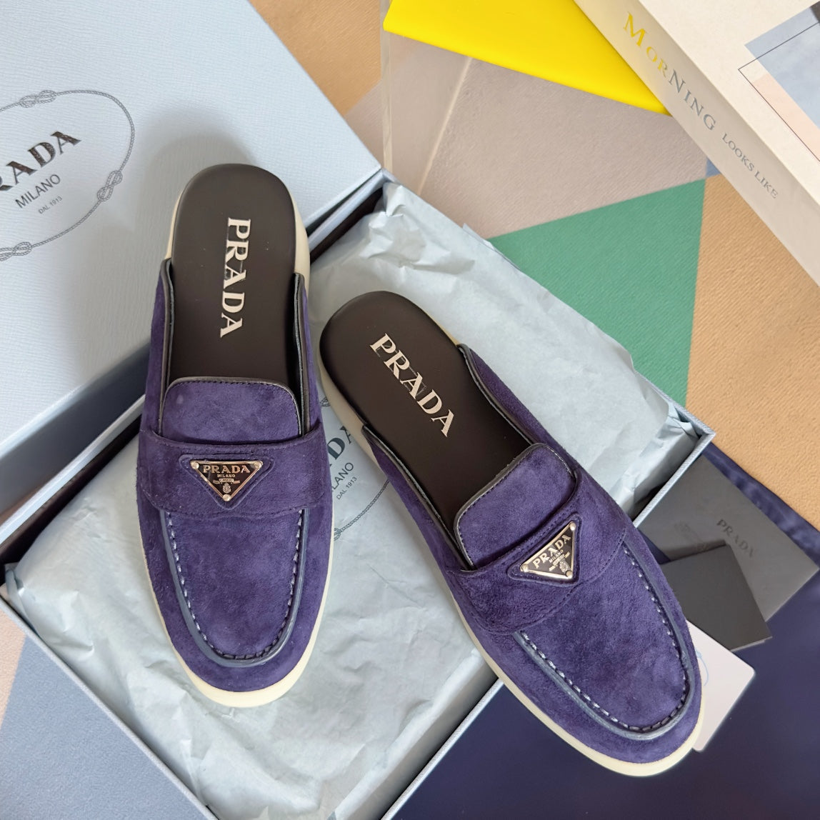 PRADA Pra Purple Suede Leather Mule 25mm Rubber Sole